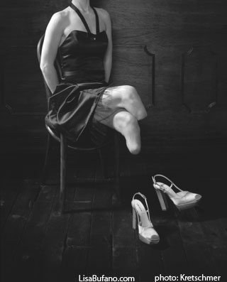 Surrealist photograph by Hugh Kretschmer in which Lisa Bufano, a below the knee amputee, is seated legs crossed, while 2 high heeled shoes suspend in the air where they would be if she had legs.  